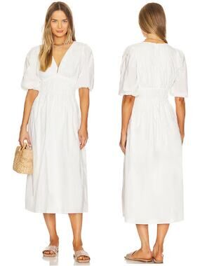 NWT Faithfull The Brand Agnata Smocked Waist A-Line Midi Dress White Size 2 (XS)